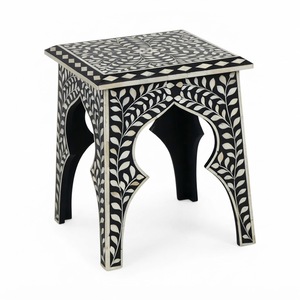 Elegante Taburete Geométrico con Incrustaciones de Hueso, Mesa Auxiliar de Resina Borgoña de Lujo, Reposapiés Moderno para Sala de Estar o Dormitorio - Product Image 5
