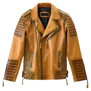 Men's Genuine <b>Leather</b> Moto <b>Jacket</b> Turn-down Collar Zipper Closure Autumn Style Regular Fit Solid Color Biker <b>Jacket</b> - Product Image 1