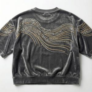 Sudadera de terciopelo para hombre con bordado de ondas con pedrería, tela suave de primera calidad, corte holgado, estilo streetwear para uso casual. - Product Image 6