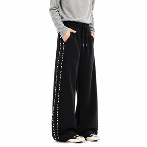 Pantalones Deportivos Anchos Negros para Mujer con Cintura Ajustable con Cordón y Adornos, Corte Holgado, Largos, Casuales, de Color Sólido, Estilo Otoñal - Product Image 3