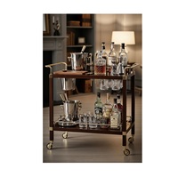 Chariot de bar en bois de noyer de qualité supérieure avec poignées dorées – Chariot à boissons rectangulaire à 2 niveaux avec rangement pour verres et roulettes