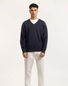 Pull en tricot à col en V pour homme, bleu marine, manches longues, couleur unie, style automne, coupe classique - Product Image 2
