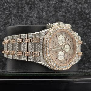 Montre homme classique mécanique personnalisée bicolore rose et blanc entièrement sertie de diamants Moissanite avec cadran chronographe et date - Product Image 2