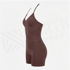 Ensemble de yoga 2 pièces North Approach, col en V, bretelles spaghetti, marron uni, taille haute, sans couture, respirant, vêtements de sport - Product Image 3