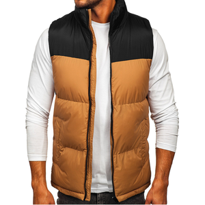 Men's Color Blocked Puffer Vest Stand Collar <b>Waterproof</b> Windproof Winter Outerwear Casual Sleeveless Waistcoat PU Leather Shell - Product Image 1