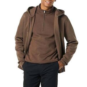 Sweat-shirt à capuche zippé pour homme, marron, coupe classique, couleur unie, décontracté, en molleton 100% coton tricoté - Product Image 4