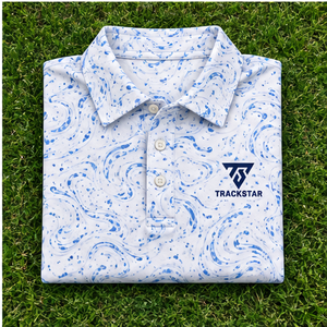 เสื้อโปโลผู้ชาย Trackstar สีขาวลายหินอ่อนสีน้ำเงิน แขนสั้น ปกติดกระดุม สไตล์ลำลอง เหมาะสำหรับตีกอล์ฟ รับสกรีนโลโก้ - Product Image 6
