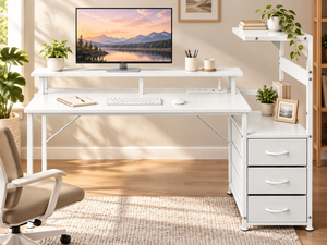 Modern Durable Computer <b>Desk</b> <b>with</b> 3 Fabric Drawers & Storage <b>Shelves</b> - Product Image 4
