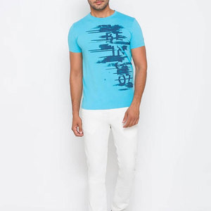 Camiseta de Manga Corta para Hombre, Color Azul Claro, Cuello Redondo, Estampado de Letras en la Parte Delantera, Corte Regular, Estilo Casual, 100% Algodón, Transpirable, de Secado Rápido - Product Image 2