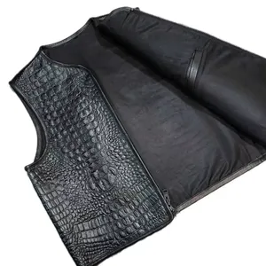 Gilet en cuir véritable pour homme, style motard, effet crocodile, fermeture éclair, vêtement d'extérieur d'automne, sans col, longueur standard - Product Image 1
