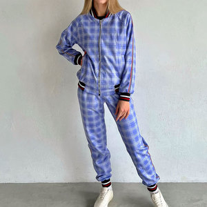 Women's <b>Plaid</b> Tracksuit Set Full Sleeve Zipper Front Casual Jogger <b>Pants</b> With Side Pockets Autumn Wear - Product Image 3