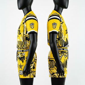 Conjunto de Camiseta y Pantalones Cortos de Fútbol para Mujer, 160 GSM, Malla de Poliéster que Absorbe la Humedad, Amarillo y Negro, Panel Gráfico, Logotipo del Equipo Personalizado - Product Image 6