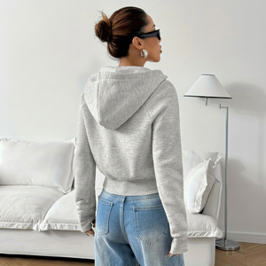 Veste polaire zippée à capuche grise pour femme, manches longues, style minimaliste, coupe-vent, poches avant, idéale pour l'automne, la gym et les trajets quotidiens, Bangladesh - Product Image 5