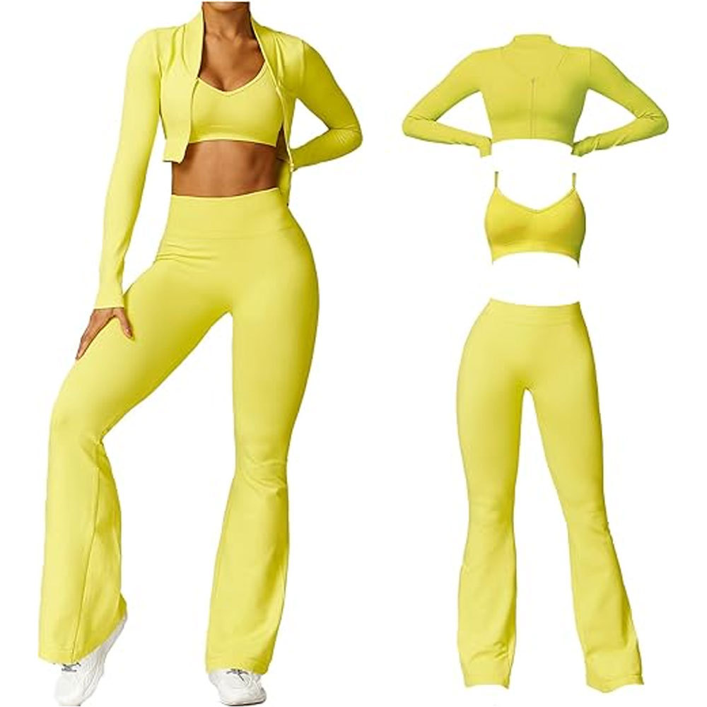 Women's Solid Customizable 3 Piece Workout Set Seamless Breathable High Waist Flare Shorts Sports Bra Zip Jacket for Gym Yoga