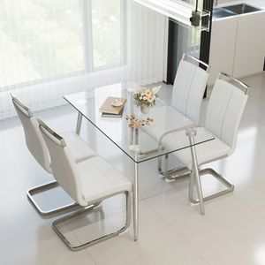 Tavolo da Pranzo Rettangolare Moderno con Piano in Vetro Temperato e Gambe in Metallo Argento, Design Semplice per Cucina - Product Image 5
