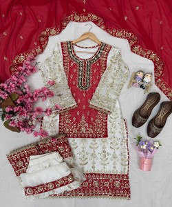 Women Traditional Red White Silk Salwar Kameez Set <b>Floor</b>-Length Ethnic Wear Wedding Outfit India Pakistan Style 83869 LC 1460 - Product Image 3