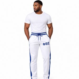 Phi Beta Sigma <b>Men's</b> Lightweight <b>White</b> Fleece <b>Jogger</b> Pants Breathable Windproof Royal Blue Side Panels Drawstring Waist Greek - Product Image 1