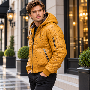Men’s Embossed Ostrich Leather Hooded Bomber <b>Jacket</b> | Premium Exotic Leather <b>Zip</b>-<b>Up</b> <b>Jacket</b> for Men | Motorcycle Outerwear - Product Image 3