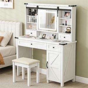 Mobiletto Bianco per Camera da Letto con Toeletta, Sgabello Imbottito e Cassetto Contenitore per Trucchi - Product Image 1