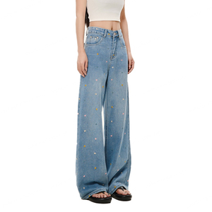 Wholesale Blue Denim for Women Cotton High Quality Washed Vintage Baggy Embroidered <b>Pants</b> Women's Jeans - Product Image 5