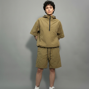 Men's Olive Green Hooded Zip-Up Short Sleeve Jacket and Shorts <b>Set</b> Casual Breathable Summer Outfit Solid Color Polyester - Product Image 1