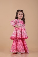 Ensemble Leheriya & Sharara pour filles Titrit, imprimé floral traditionnel, col rond plissé, pur coton rose, pour les occasions de fête
