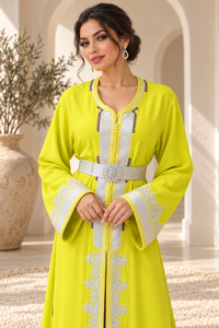 Mishkat Couture Plum <b>Velvet</b> Chartreuse Yellow Moroccan Caftan Silver Embroidery Breathable <b>Maxi</b> <b>Dress</b> V Neck <b>Long</b> <b>Sleeves</b> - Product Image 2
