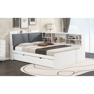 Letto a piattaforma matrimoniale in legno bianco con letto estraibile e testiera contenitore con pratiche mensole - Product Image 6