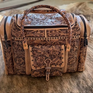 Bolsa de Viaje de Cuero Genuino Hecha a Mano con Diseño Floral Occidental, Bolsa de Equipaje para Pasar la Noche - Product Image 1