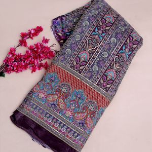 Imperial Rajkumari Royal Purple Premium Natural Crepe Knitted <b>Silk</b> Fabric Featuring Traditional Mughal Inspired Vertical Girls - Product Image 4