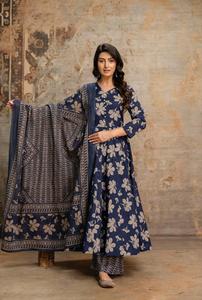 <b>Women</b> Traditional Blue Cotton Digital Print Knee-Length Quick Dry Regular Fit Casual All Season India Pakistan Style <b>Kurti</b> Set - Product Image 2
