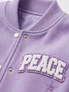 Purple Color Block PU Leather Embroidered Front Logo Windproof Winter Crew Neck Varsity Jacket Unisex Snap <b>Button</b> PEACE Patch - Product Image 3