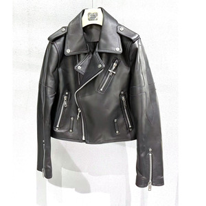 Veste Moto en Cuir Véritable Noir pour Femme, Manches Longues, Fermeture Éclair, Col Montant, Style Décontracté Hiver - Product Image 1