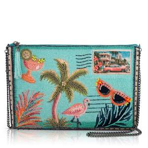 Handmade Tropical Flamingo Palm <b>Tree</b> Beaded Crossbody Clutch Bag - Product Image 1