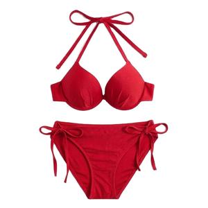 Maillot de bain bikini taille haute européen et américain, couleur unie, deux pièces, sexy, décoré de cristaux, tenue de plage transfrontalière, lot de 2 - Product Image 1