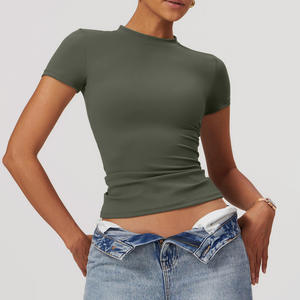 T-shirt de yoga sans couture pour femme, coupe ajustée, séchage rapide, manches courtes, respirant, pour la course à pied, la gym et les activités de plein air - Product Image 1