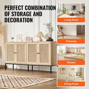 Adjustable Shelves Rattan Storage Cabinet with 4 Magnetic Doors <b>Sideboard</b> Buffet for Hallway Entr <b>Kitchen</b> Cabinets - Product Image 6