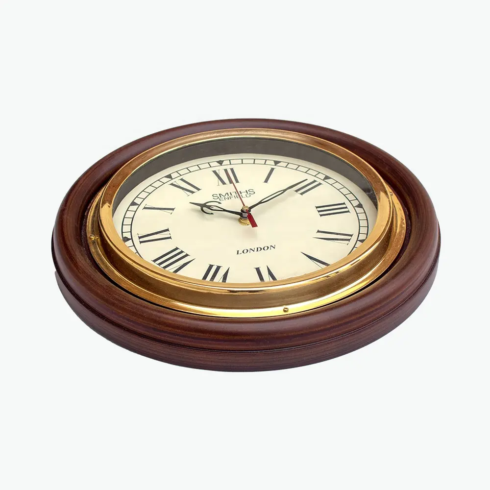 classic design clock in style for office decoration look brass frame nautical wall round shape mirror polish golden finished