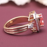 Bague en saphir Padparadscha taille coussin, or 18 carats jaune/blanc et rose, double halo de diamants, pour femme, bijoux fins de fiançailles