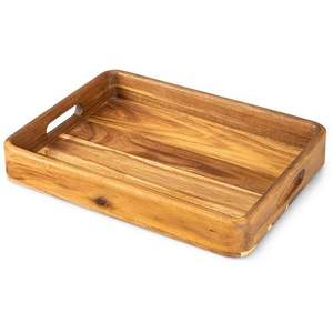 Bandeja de Frutas Moderna de Madera Natural Pulida de un Solo Nivel con Asas Decorativas y Técnica de Lacado para Servir Comida en el Hogar, Cocina y Sala de Estar - Product Image 1