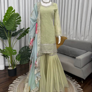 Elegant Modern Designer <b>Kurta</b> Sharara & Dupatta Set Ethnic Wear for <b>Women</b> Party Wedding Diwali Festive Occasions - Product Image 1