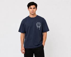 Camiseta de Manga Corta Azul Marino para Hombre, con Estampado de Sonrisa Blanca en la Parte Delantera, Corte Holgado, Informal, Ecológica, Transpirable, de Algodón Jersey - Product Image 2