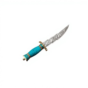 Cuchillo Bowie de Acero de Damasco Nuevo con Mango de Piedra, Hoja Fija, Cuchillo de Caza y Supervivencia con Funda de Cuero - Product Image 2