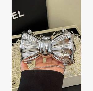 <b>Mirror</b> Finish Bow Clutch Bag with Metal <b>Chain</b> Strap Evening Party Handbag for Women Accessories Rhinestone - Product Image 1