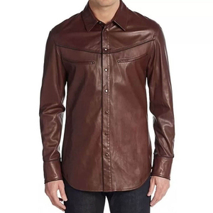 Men's Solid Brown PU Leather Long Sleeve Casual <b>Shirt</b> Turn-down Collar Full Length Autumn Wear - Product Image 6