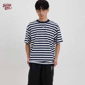 Camiseta de Rayas Personalizada Unisex, Tejido de Punto, Algodón de 250 g/m², Rayas Finas, Cuello Redondo, Antiarrugas, Estilo Retro para la Escuela, Stock Local en China - Product Image 1