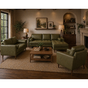 Olive Green Leather <b>Sofa</b> Set 3 Seater 2 Seater Armchair Mid Century Modern Living Room Furniture Set Living Room Set - Product Image 1