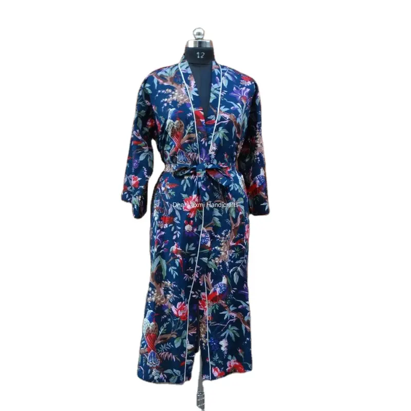 New Blue Birds & Floral Hand Block Print Hippie & Bohemian Maxi Wholesale Beachwear Women's Nighty Indian Long Robe Gown Kimono