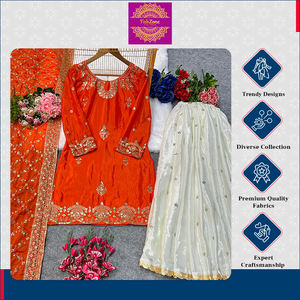 Ropa India Pakistaní de Diseño Moderno y Único, Nuevo Diseño de Diseñador, Ropa de Fiesta de Boda para Ocasiones Especiales, Kurti de Seda Chinon Pesada - Product Image 6