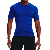 Haut de compression d'entraînement pour homme en polyester/coton tricoté, respirant, léger, extensible, anti-boulochage, à manches courtes et col en V, coupe classique